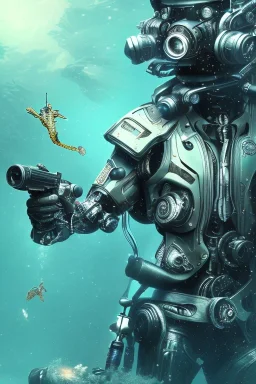 diver like a cyborg,with a gun,hi quality detail,hi quality textures,cinematic,aqua