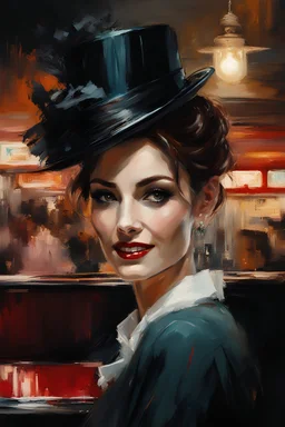 Thin 35yo Pale Brunette With Long Lashes And Eye Shadow, as a waitress in a 50s diner smiling :: dark mysterious esoteric atmosphere :: digital matt painting with rough paint strokes by Jeremy Mann + Carne Griffiths + Leonid Afremov, black canvas, dramatic shading