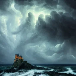 an ocean storm with clouds and lightning, castle, minarets, 8k resolution, high-quality, fine-detail, intricate, digital art, detailed matte, volumetric lighting, baroque, illustration, octane render, brian froud, howard lyon, selina french, George Grie, Ben Goossens, Igor Morski