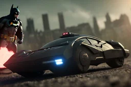 Batman in the batmobile scrutinizing his smartwatch