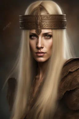 realistic stock photo, Realism engine, General Fast V2 (Flux), Create a realistic image of a female with long, straight blonde hair, the bangs cut straight across the forehead, hazel eyes, Chocolate frosting, in the style of Boris Vallejo, Frank Frazzetta, Leonardo da Vinci, Julie bell, 4k, 8k, 16k, 32k. 100k UHD