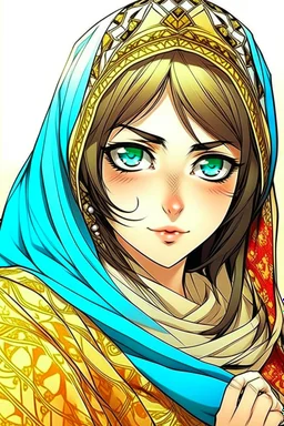 Draw 5 illustrations of an anime character with a comic style, colored, wearing traditional Arab clothing, and with white eyes and black hair