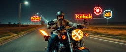 The kebab man driving fast on his motorcycle, fire from the exhaust, widescreen picture, empty road on the country at night, comic style, no helmet and he have a long beard, neon kebab signs along the road