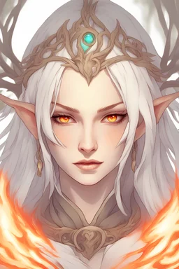 female druid fae elf with white hair pale skin and the colors of fire swirling in her eyes