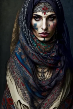 full-body photo of A beautiful Russian Gypsy-woman, middle-eastern, tattoo on face , veil, gypsy scarf