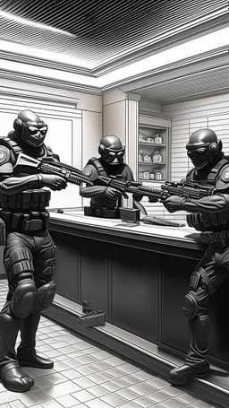 Bank rubbery by 3 masked aliens, forced the Garda on the floor, one is standing on the counter aiming his machine gun to the bankers