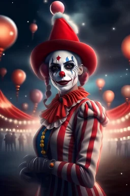 8k female clown in the style of pimpinelly aesch baselland in front of a circus on a animal unicorn evening foto realistic vector grafic
