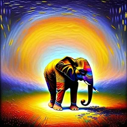 Dibujo al oleo de un elefante indio pintado con muchas nubes de colores estilo Vincent van Gogh