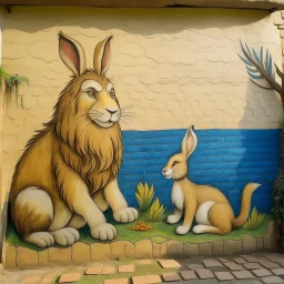 A rabbit and a lion on the wall