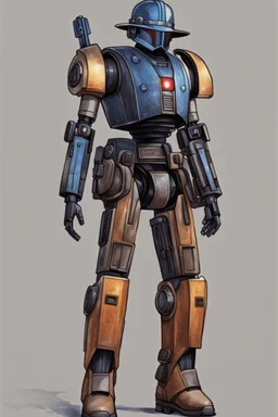 A Star Wars Combat Droid, Wearing Western Cowboy Clothes, Wearing a cowboy hat and a Cowboy Over-Coat.