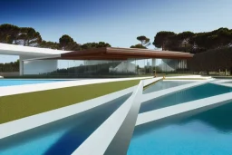 algarve in quinta do lago, one straight line building of 250 meters long pool, modernistic luxury architecture with wood and gold metallic pergolas with pool on rooftop, on a slope with pinus pinea, a road wrap around for low speed veicular road