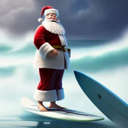 Santa standing of surfboard surfing a big wave, empty hands, beach, character design by cory loftis, fenghua zhong, ryohei hase, ismail inceoglu and ruan jia. unreal engine 5, artistic lighting, highly detailed, photorealistic, fantasy