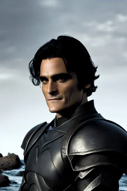 A portrait of Joaquin Phoenix in his early 30s, long beachy haircut, black hair, on a rocky island, in ebony armor from Skyrim, melancholic and dangerous facial expression, half-smiling