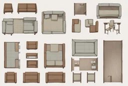 Sprite sheet, furniture, architectural plan, couch, table, chair, top view, dilapidated, post apocalypse,