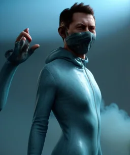 Realistic image, waist up view, a guy making the fuck you gesture with his hand, blue smoke coming out of his eyes, nose and mouth. Latex Dress, inflatable hoodie shelter, soft color, highly detailed, unreal engine 5, ray tracing, RTX, lumen lighting, ultra detail, volumetric lighting, 3d, finely drawn, high definition, high resolution.