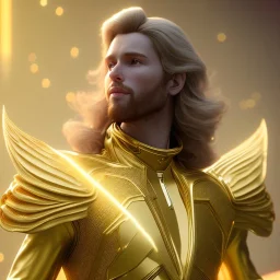 beautiful cosmic golden male, long hair, nice smiling, delicate colors, beautiful glamour galactic golden dress, ultra sharp focus, 8k, unreal engine 5, extremely sharp detail, light effect, soft light atmosphere of a spaceship, smooth, full of details, face in front, complete vision of face and body