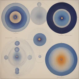 [art by kupka] artistic and yet geometric representations of Bohr orbits: compares the electron probability densities for the hydrogen 1s, 2s, and 3s orbitals. Note that all three are spherically symmetrical. For the 2s and 3s orbitals, however (and for all other s orbitals as well), the electron probability density does not fall off smoothly with increasing r. Instead, a series of minima and maxima are observed in the radial probability plots