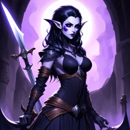 drow elf woman, spellsword, dark hair, purple skin, digital art, dark fantasy