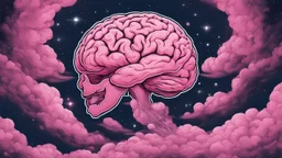 Comic style, bare transparent pink human brain flying trough the universe, background galaxy's