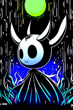 Create an album cover for the game Hollow Knight. Use black, white, gray, and blue colors to capture it's mysterious and eerie vibe. Focus more on how the Knight looks.