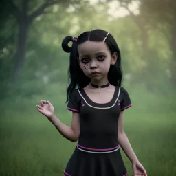 toddler, full body, Pandora background, Jenna ortega black dress, -clothing, soft goth libstick, wednesday addams family make up, brad double wig, dramatic lighting, highly detailed, volumetric lighting, unreal engine, 8k