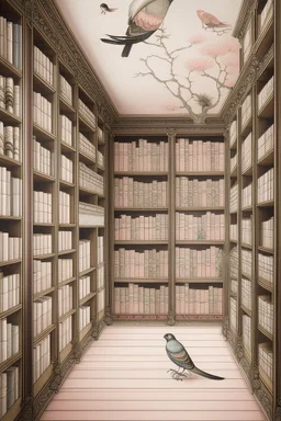 A pale pink library with mystical eyes painted by Utagawa Hiroshige