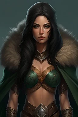 portrait of a petite athletic woman warrior, medium breasts, long black hair, green eyes, tan skin, bikini armor, fur cloak, realistic art style