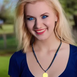 College girl with blonde hair and blue eyes that glow with white teeth and medium lips with rings, bracelets, and a necklace