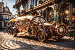 Steampunk car, sunlight, In the background is an Art Noveau style cafe with a terrace, DSLR camera Sony Alpha 7 50mm 1.8, medium shot,high-resolution image with fine details, vintage style, cable electric wires, microchip, anatomical, polished, porcelain, citrine, ultra detailed, ultra realistic, extremely realistic, intricate, photorealistic, epic composition, masterpiece, H.R.Giger style