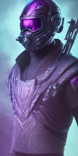 purple galaxy masked super villain, weapons in hands, teal and purple smoke, full portrait, hyper realistic, 4k