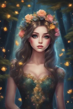 Painting of a beautiful girl, beautiful, haunted forest, flowers on her head, glitter dress, young girl, fantasy art, anime portrait, barbie face, big eyes, bright eyes, dream, trees, forest background, dark night, song, glitters background, fantasy, high quality, 8k