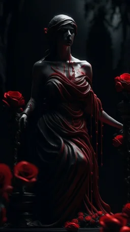 The statue of Justice, dripping with blood, wears a red blindfold. She carries a scale full of blood-red flowers, and poppies grow from underneath her and climb up the statue. Dark garden background. Dark garden background cinematic.
