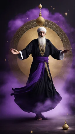 Hyper Realistic Old Male Sufi Whirling with Black, & Purple Islamic Sufi Rustic Grunge Background with golden crystals & fog around at night