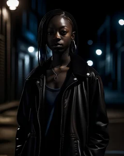 singer justine skye, on a very dark street in brooklyn at night, deep shadows, dramatic lighting, moody aesthetic, dark cinematic lighting, they are standing beneath a streetlight, dramatic shadows