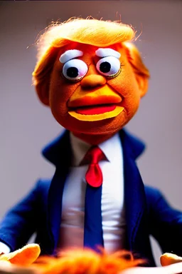 a Film Photograph of an angry orange Donald Trump Muppet made of felt and fur wearing a dark blue suit and red tie, he is angry and old