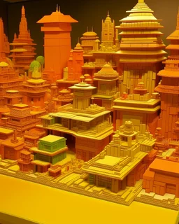An orange colored pixelated mechanical town designed in ancient Egyptian architectures and sculptures painted by Frank Lloyd Wright