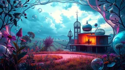 Dynamic cifi country side ,hypnotic of 3D structures Symmetry twisting and morphing between cifi plants , cifi flowers and metal geometric 3d structures buildings ,cifi cars, and an open cifi stage with a future pretty lady singer presenting her art performance in it,smooth translucent iridescent glass with inner glow and bubbles, varied transparent materials, stormy skies, intense dramatic