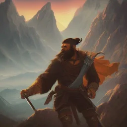 a bearded heroic adventurer travelling through a fantasy mountain range