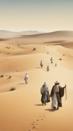 The pilgrims walking in the desert with caravans