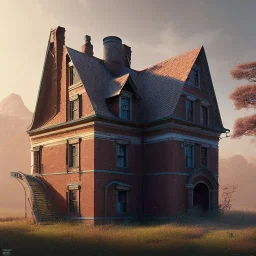 Abandoned attic type house, brick walls, highly detailed, hill in the background, two windows on the front wall, with roof, concept art by Greg Rutkowski