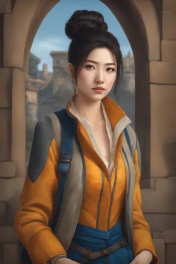 front view, beautiful female, asian, pale skin, dark hair, front shark spike hair, back high bun hairstyle, detailed dark eyes, yellow jacket, orange blouse, wearing backpack, baggy blue pants, hinge smiling, fantasy setting, medieval, year 1800, 8k, high detail, intricate, cinematic background, facing viewer