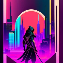 Ilustración minimalista de un ninja arte nouveau neón lineal colores contrastantes calidad ultra fondo ciudad