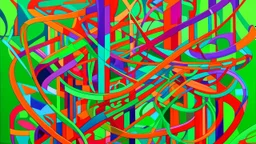 A vibrant abstract painting featuring a chaos of intertwining green tubes, bold orange lines, and various geometric shapes. The green tubes dance and curve, intertwining with the orange lines that add a sense of energy and movement. The geometric shapes, in various sizes and orientations, add depth and complexity to the composition. The background is a delightful blend of pink and purple hues, providing a warm and enchanting atmosphere.