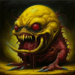 Maw, style of "Bankrupt in Blood" by Seb McKinnon, fantasy surrealism, weird, sinister, crimson - jaundice yellow - black color, matte oil painting.