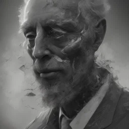 Extremely detailed portrait of man fading into a dark and rough oblivion, black and white digital painting.