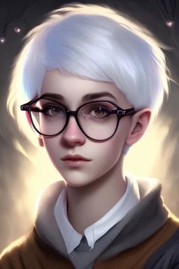 17 years old girl with a short white hair and long bang and gray eyes, wearing glasses, use the magic spells, wand, Harry potter, night