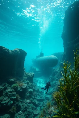 A side view of the ruins of Atlantis city under the ocean water with marine plants and , a big submarine is sinking underwater and small divers are diving discovering around , cinematic scenes , high quality picture with rough water