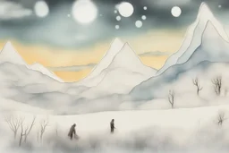 double exposure, merged layers, Covered Mountains in snow cold winter at night, styles of Paul Klee Dee Nickerson and Tim Burton, cute chibi scary monster, melting watercolor and black ink outlines on wet paper, soft, shading strokes, in sunshine, ethereal, otherwordly, cinematic postprocessing, bokeh, dof