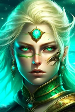 guerriero cosmico viso bellissimo capelli biondi occhi verde mare