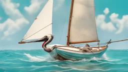 A small, brightly colored sailboat with a billowing white sail cuts through a turquoise ocean. The wind fills the sail, causing the boat to lean slightly. In the distance, fluffy white clouds drift across a clear blue sky. One majestic brown pelican with a large pouch full of water flies gracefully above the boat. The image evokes a sense of calm adventure, the refreshing scent of the ocean breeze, and the abundant wildlife. The style is as if a 5 year old did it with paint.